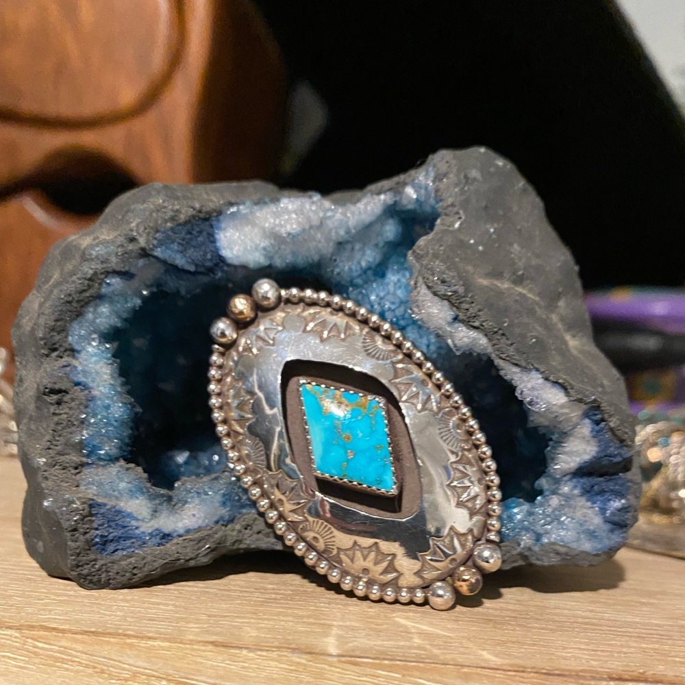 Sterling silver stamped southwestern turquoise shadow box large ring